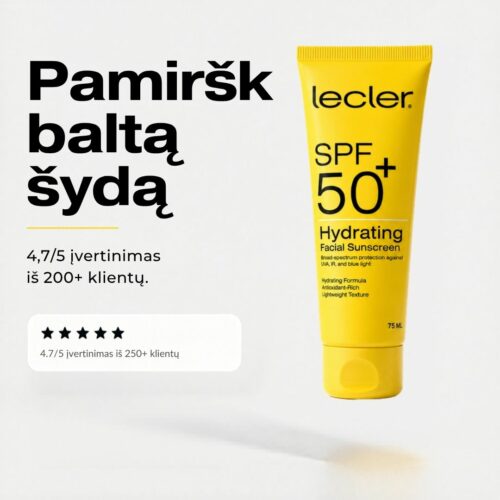 Lecler SPF 50+ veido kremas – lengvas, nekemša porų ir be balto šydo + 60 d. garantija