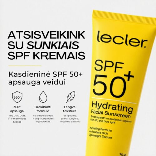 Lecler SPF 50+ veido kremas – lengvas, nekemša porų ir be balto šydo + 60 d. garantija