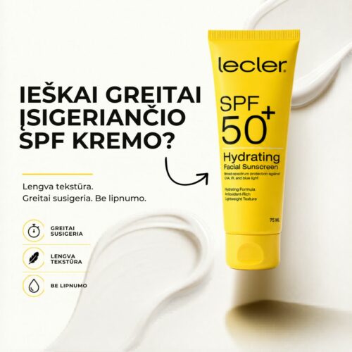 Lecler SPF 50+ veido kremas – lengvas, nekemša porų ir be balto šydo + 60 d. garantija