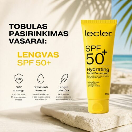 Lecler SPF 50+ veido kremas – lengvas, nekemša porų ir be balto šydo + 60 d. garantija